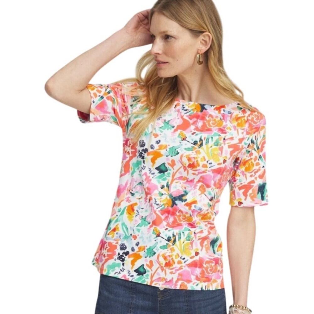 Chico's White Colorful Floral Abstract Artsy T-Shirt Cotton Blend size 1/ Medium